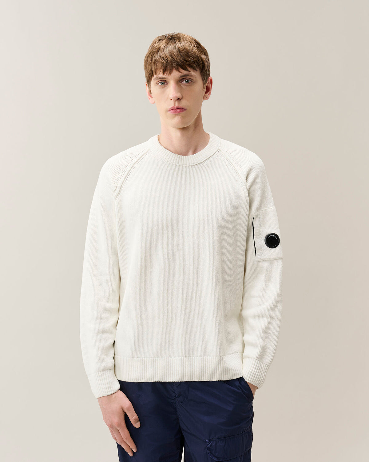 Chenille cotton knitwear crew neck bianco