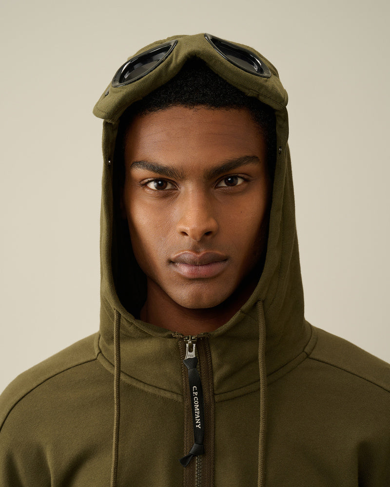 Diagonal raised fleece goggle zipped hoodie Ivy green