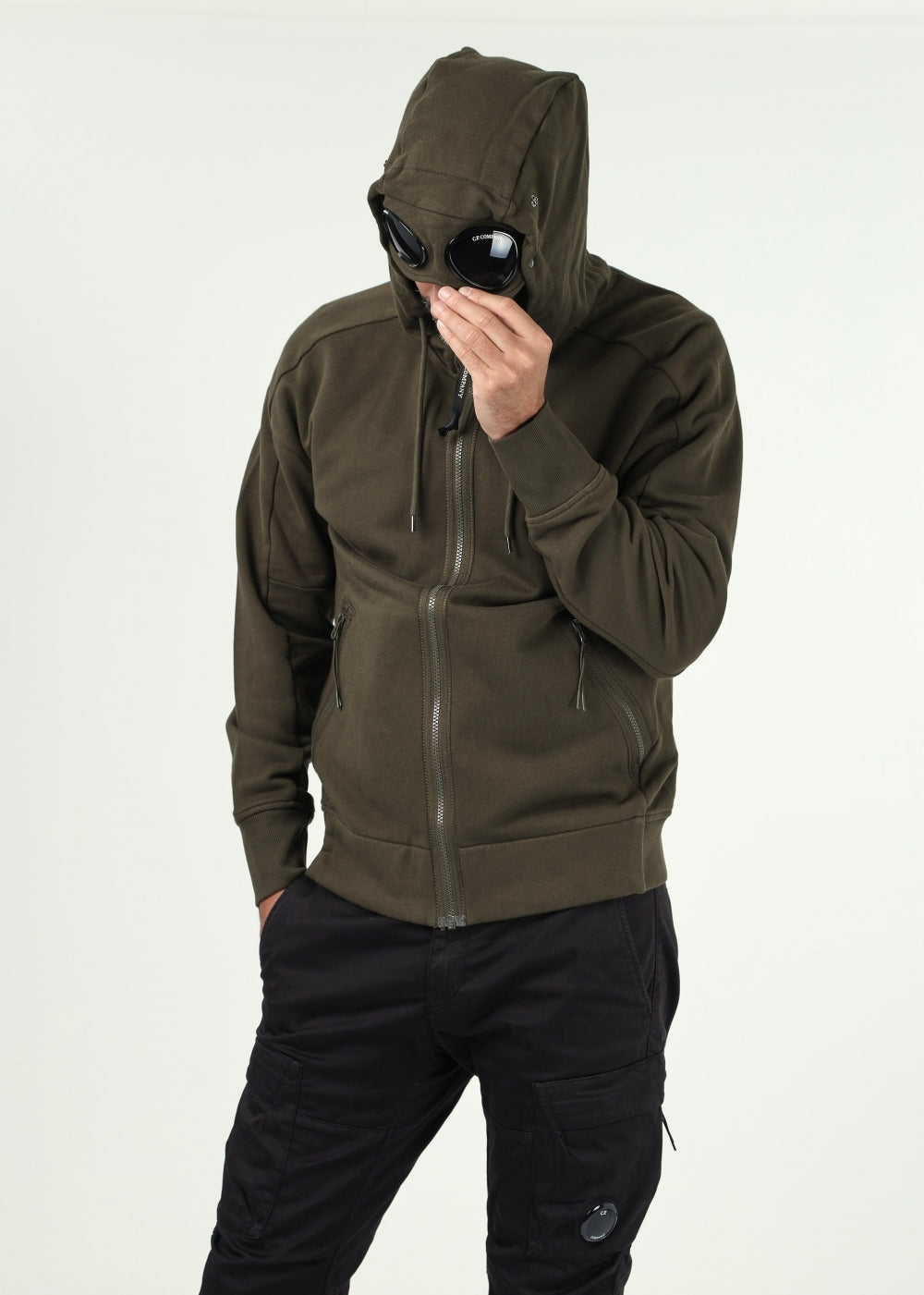 Diagonal raised fleece goggle zipped hoodie Ivy green