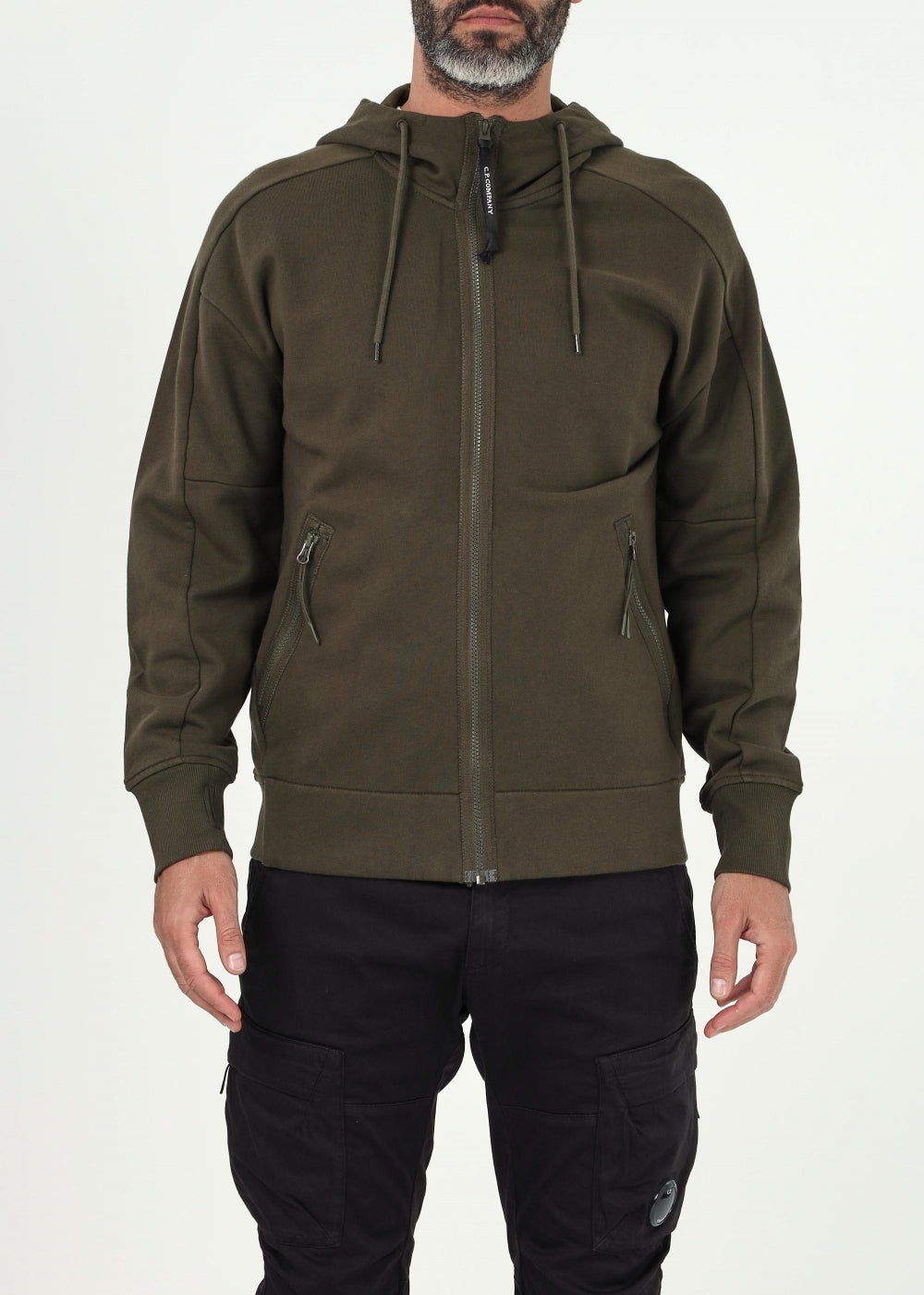 Diagonal raised fleece goggle zipped hoodie Ivy green