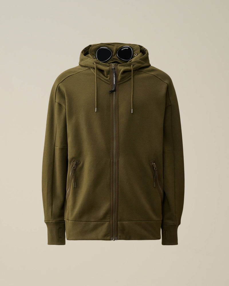 Diagonal raised fleece goggle zipped hoodie Ivy green