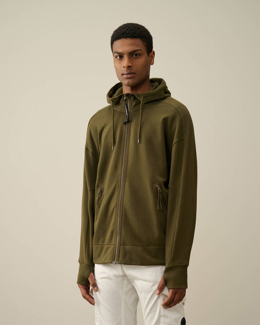 Diagonal raised fleece goggle zipped hoodie Ivy green