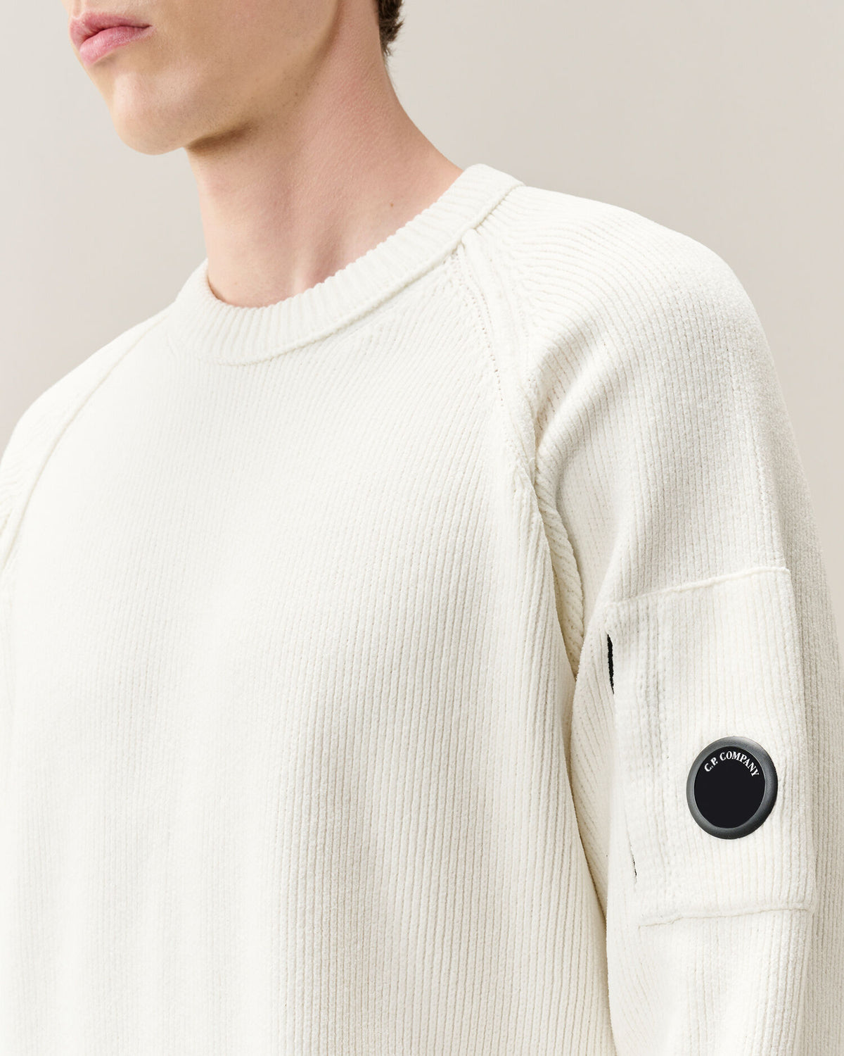Chenille cotton knitwear crew neck bianco